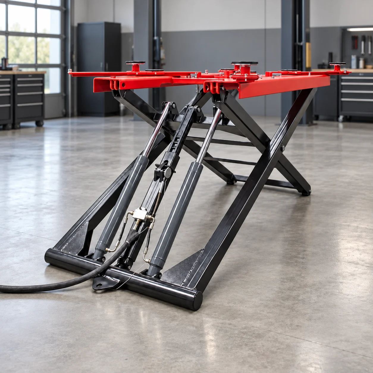 Scherenhebebühne St. Louis - 2700 kg Hubkraft, 1400 mm Hubhöhe, 230V – Werkstattansicht