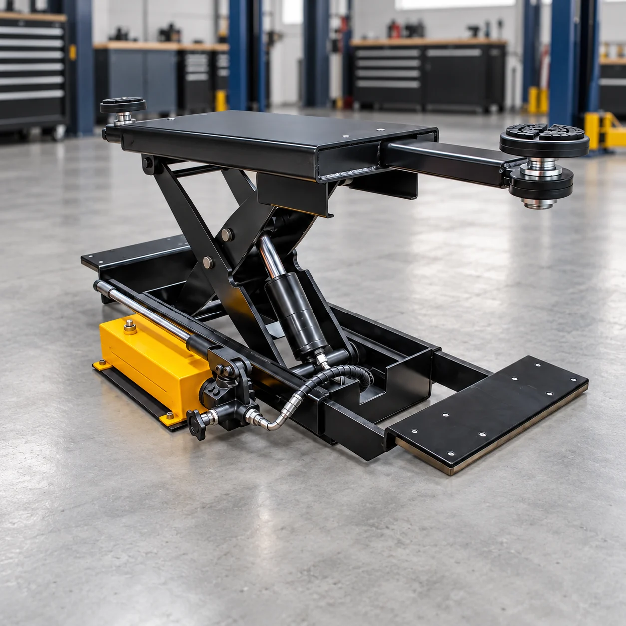 Achsfreiheber für 4-Säulen-Hebebühne Memphis, mit Handpumpe, 3000 kg – Werkstattansicht